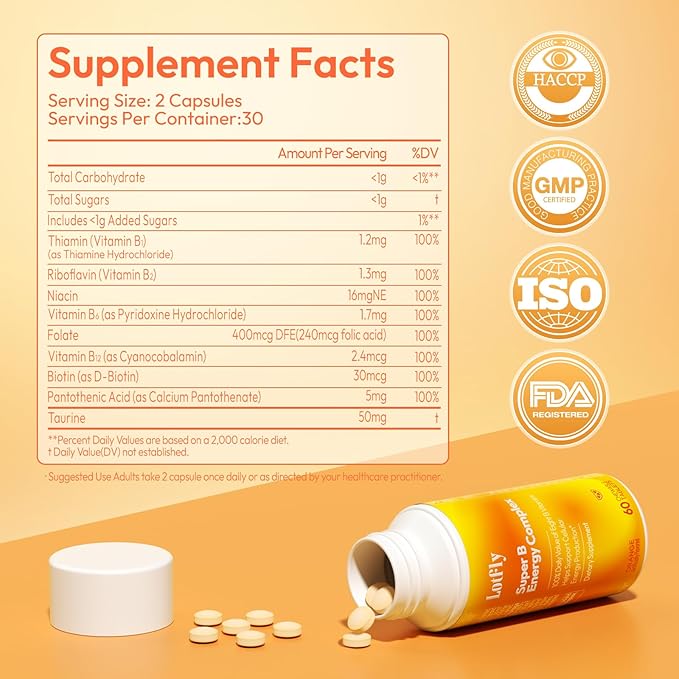 Vitamin B Complex with B1, B2, B3, B5, B6, B7, B9, B12 Taurine–Immune Support, Energy Metabolism and Nervous System – Super B Complex with Blood Orange Powder – 60 Tablets for Men & Women