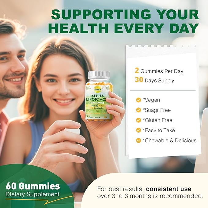 Alpha Lipoic Acid 600mg with Benfotiamine for Nerve Support, Antioxidant Support, ALA Supplement R Alpha Lipoic Acid Gummies - Vegan, Sugar-Free, 2 Packs, 120 Counts