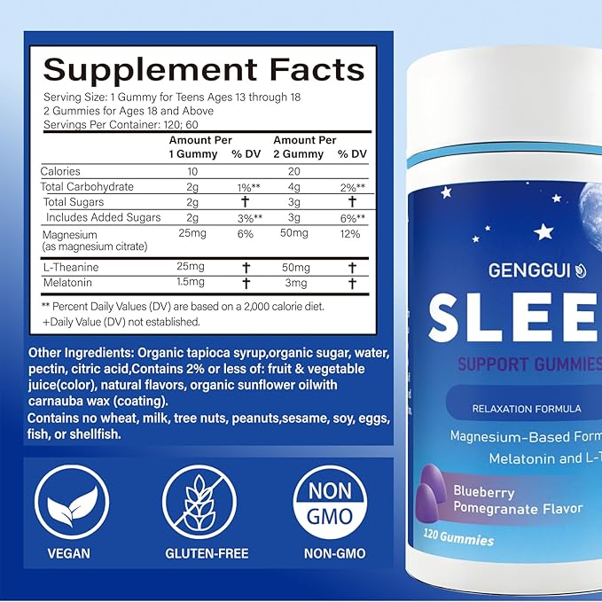 Sleep Gummies with Magnesium, Melatonin & L-Theanine for Relaxation & Sleep Support, Blueberry Pomegranate Flavor, Vegan, Gluten Free, 120 Count (1)