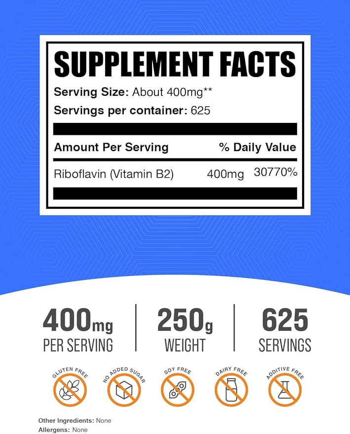 BulkSupplements.com Riboflavin Powder - as Vitamin B2, Vitamin B2 Supplement - Riboflavin 400mg, B Vitamins for Wellness, Gluten Free, 400mg per Serving, 250g (8.8 oz) (Pack of 1)