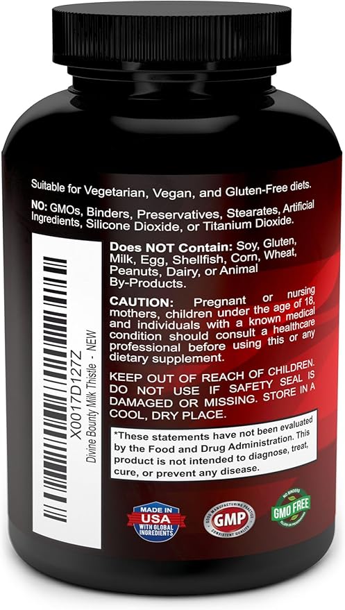 Divine Bounty Pure Milk Thistle Capsules - A Potent Milk Thistle Supplement with 300mg of 4X Concentrated Extract (Standardized) - 120 Vegetarian Capsules