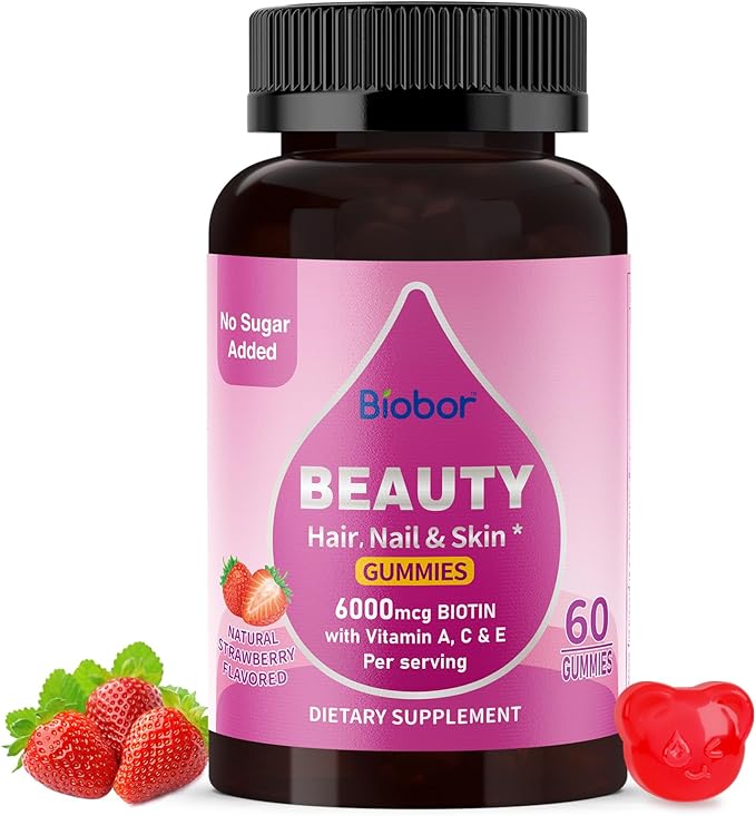 Biobor Natural 6000mcg Biotin Gummies No Sugar Added, Hair Skin and Nails Beauty Gummies with Vitamins A C E for Women Men, GMO Free, Gluten Free