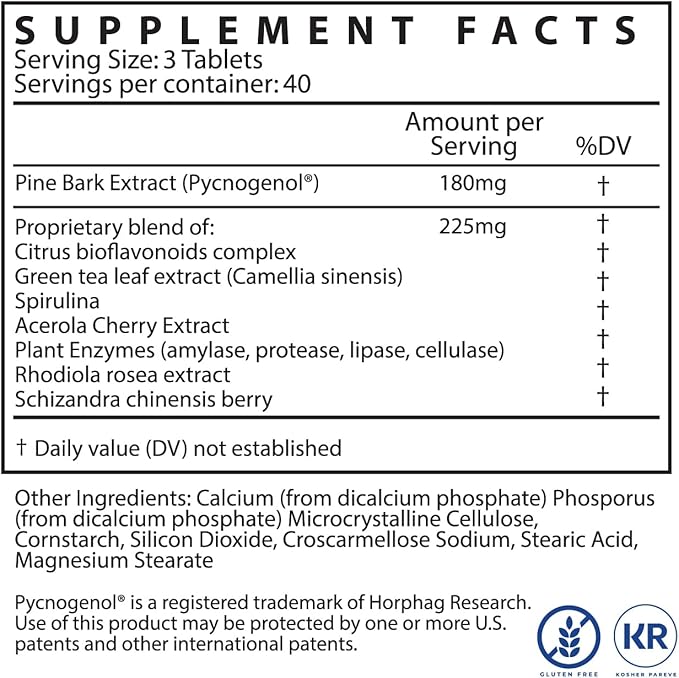 Kaire Super Maritime Prime 120 - Quick Release Tablets – 60mg Pycnogenol® French Maritime Pine Bark Extract Per Serving – Herbal Support Complex