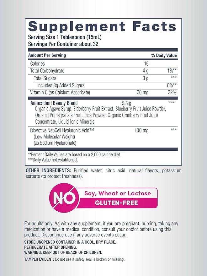 NeoCell Liquid Hyaluronic Acid | 16 fl oz | with Vitamin C | Skin Hydration | Antioxidant Supplement | Blueberry Flavor