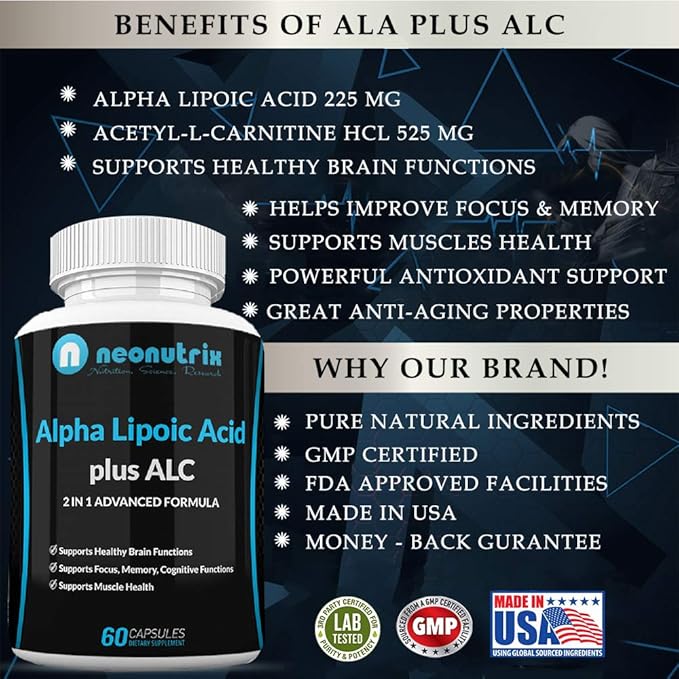 Alpha Lipoic Acid Plus Acetyl L-Carnitine Antioxidant Supplement ALA ALC for Healthy Brain Function & Muscle Strength, Focus, Memory & Cognitive Function for Women & Men - 60 Capsules by Neonutrix