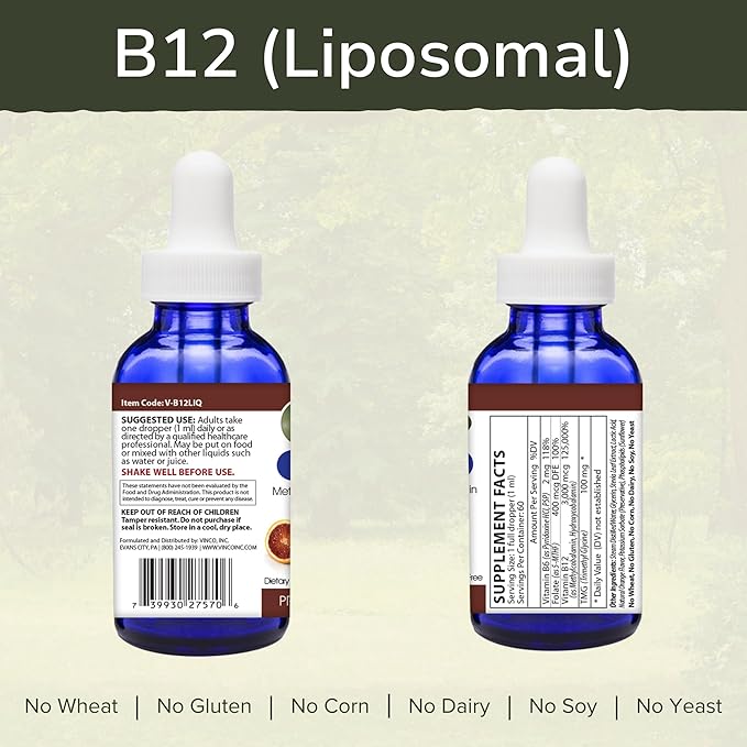 Vinco Inc – Liposomal Vitamin B12 Energy Support Daily Supplement | 60 ml (60 Servings) | Supports Energy Metabolism & Nervous System Health | Gluten Free & Vegetarian