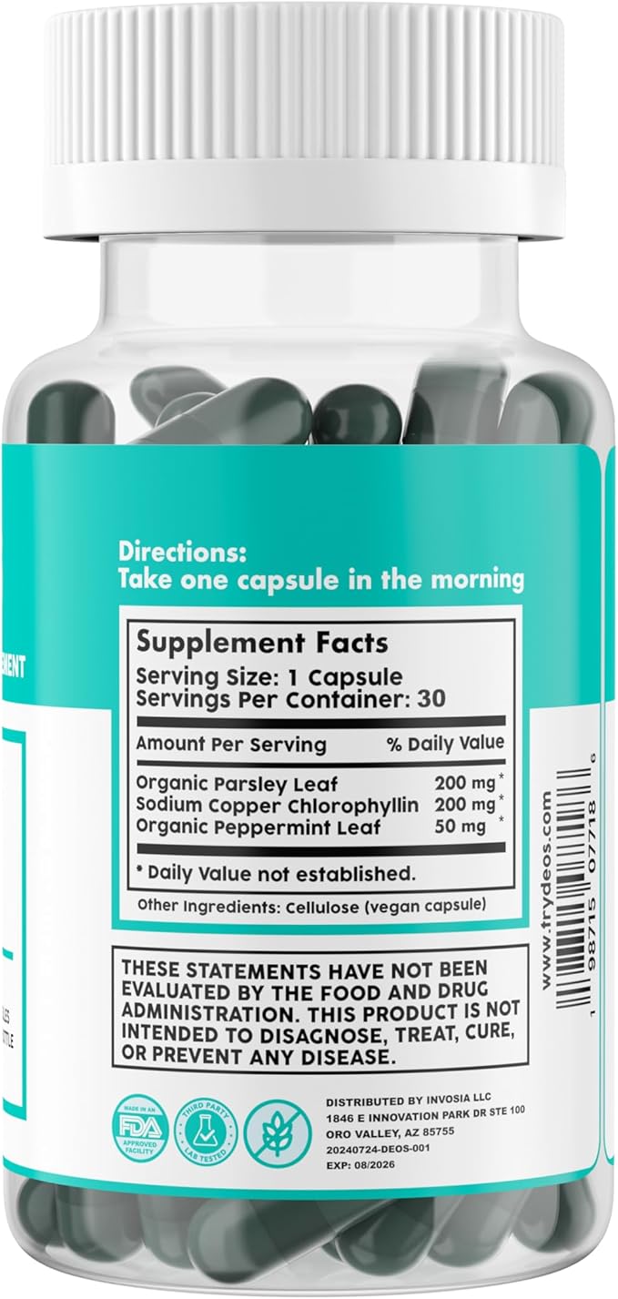 DEOS Internal Deodorant Supplement – Full Body Deodorizer for Gut Health, Skin Health, Detox & Digestion Support – Natural Odor Control Chlorophyll Pills | 30 Capsules