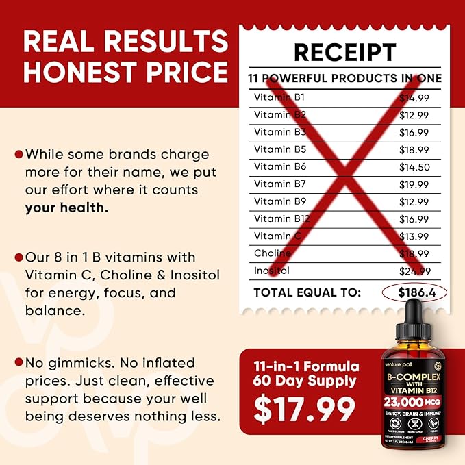 Venture Pal Vitamin B Complex Liquid Drops, B12 Methylcobalamin | B9 Folic | B1,B2,B3,B5,B6,B14 - Vitamin C, Choline, Inositol, Immune & Energy Metabolism, Brain & Heart Support