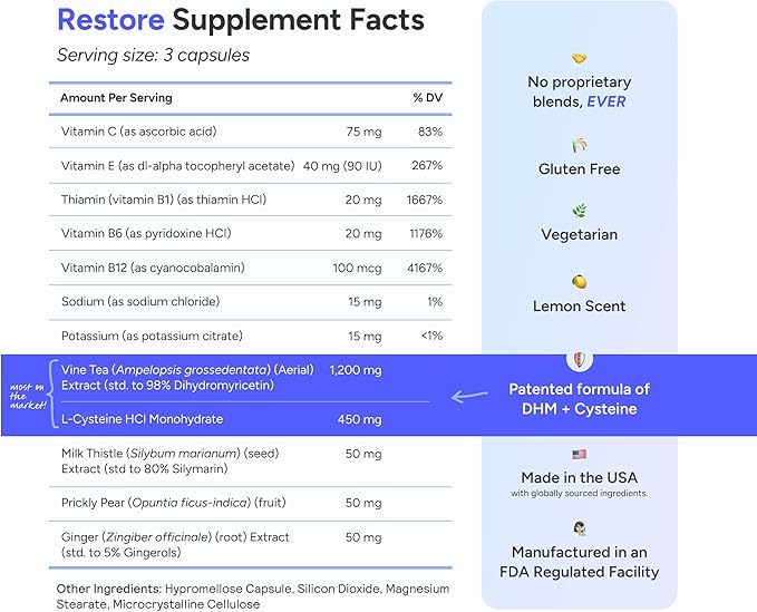 Cheers Restore | Supplement with DHM + L-Cysteine | Feel Better After Drinking & Support Your Liver | 36 Doses | Dihydromyricetin, Cysteine, Prickly Pear, B-Vitamins, Ginger