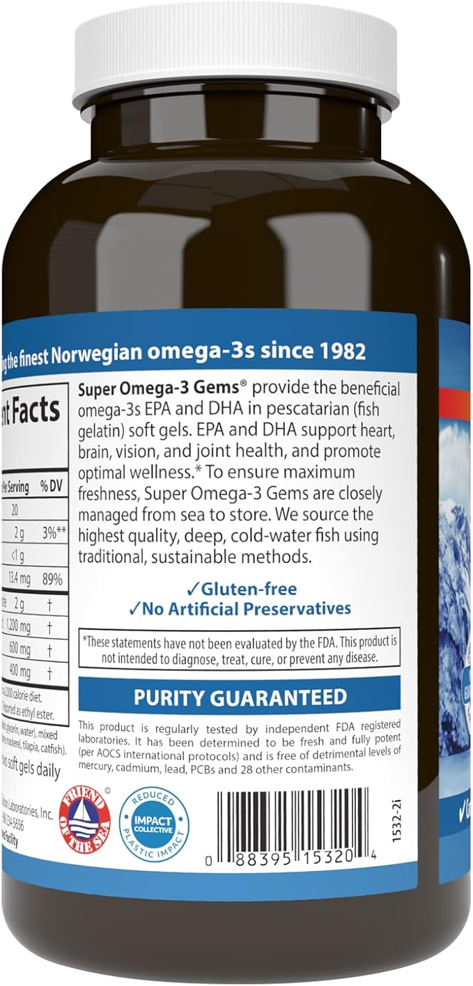 Carlson - Super Omega-3 Gems, 1200 mg Omega-3s, Cardiovascular Support, Brain Function & Vision Health, Norwegian, 180 soft gels