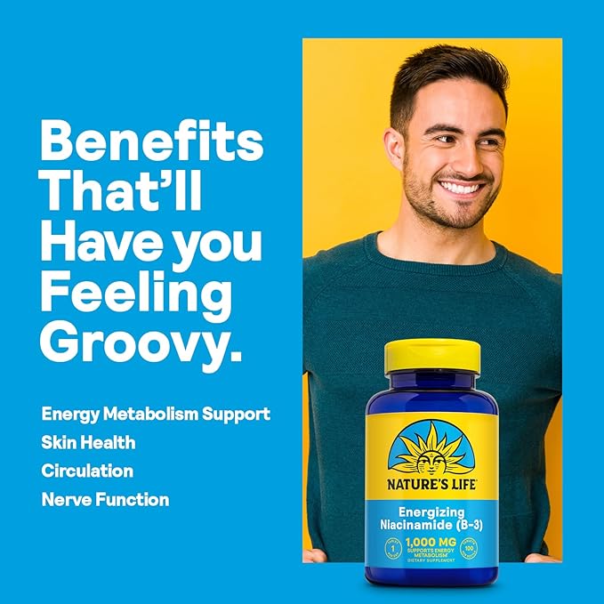Nature's Life Energizing Niacinamide, Vitamin B3 1000mg - High Potency, No Flush Niacin Supplement - Nerve Function, Energy and Metabolism Support - 60-Day Guarantee - 100 Servings, 100 Tablets