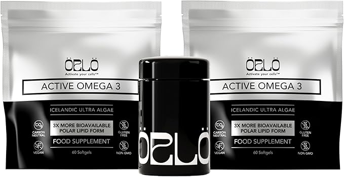 Orlo Vegan Omega 3 Algae Oil 1000mg - Natural Icelandic Nordic Omega-3 EPA & DHA Supplement - Fish Oil & Krill Alternative for Heart & Brain – 120 Easy-to-Swallow Burpless Mini Softgels & Jar