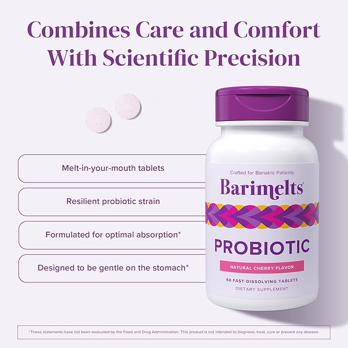Barimelts Probiotic, 5 Billion CFU - 120 Fast-Dissolving Tablets (4-Month Supply) - Sugar-Free Probiotics for Women, Support Gut Health After Bariatric Surgery, Natural Cherry Flavor