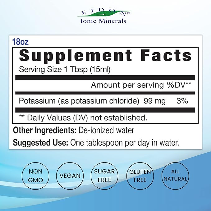 Eidon Liquid Potassium Supplement - Potassium Chloride Drops, Essential Electrolyte for Cell Function, Bioavailable Ionic Minerals, All Natural, No-Preservatives or Additives - 18 oz (Pack of 2)