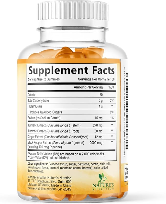 Turmeric Curcumin Supplement Gummies - 95% Curcuminoids with Turmeric & Ginger, Black Pepper for Best Absorption, Nature's Vegan Joint Support, Non-GMO, Gluten Free, Tasty Peach Flavor - 60 Gummies