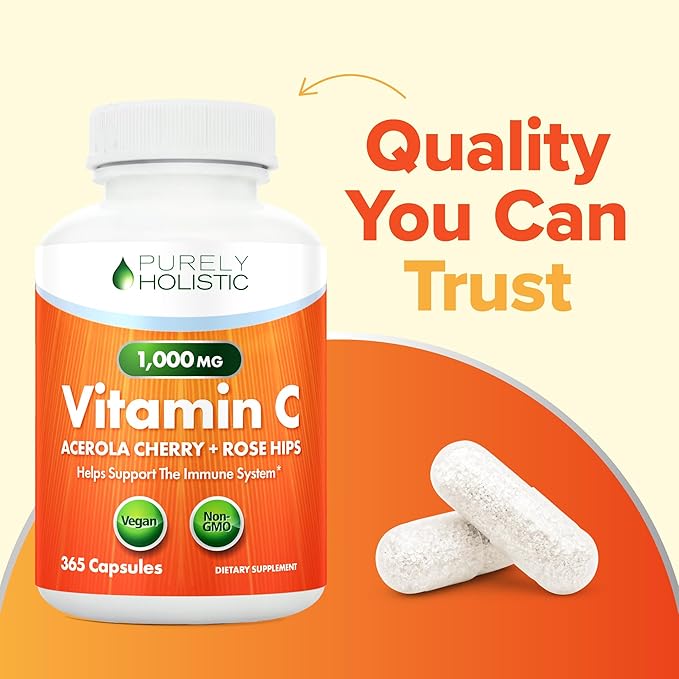 Purely Holistic Vitamin C 1000mg, 365 Capsules, 12 Month Supply, 2 Stage Timed Release with Ascorbic Acid, Rosehip & Acerola Cherry Bioflavonoid, Immune System Support, Vegan