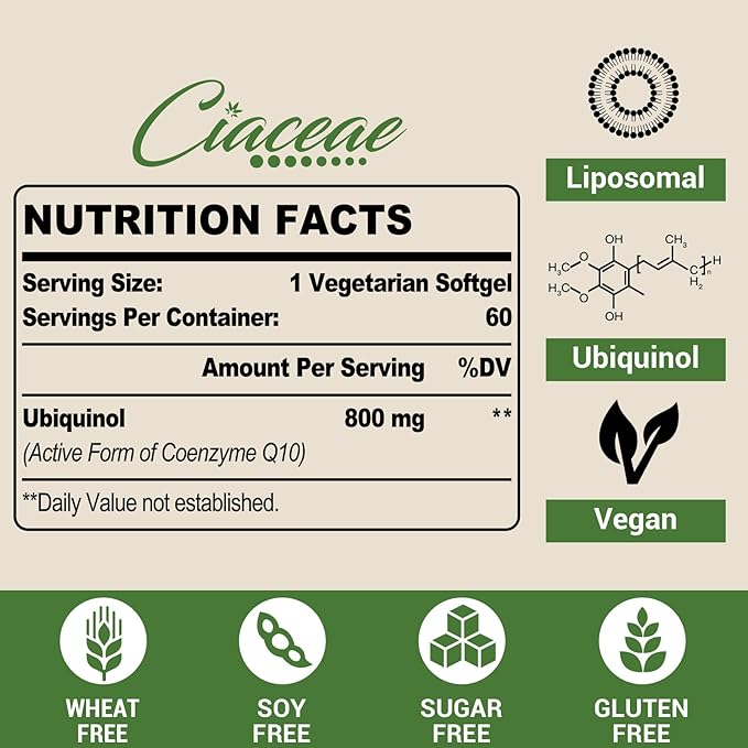 Liposomal CoQ10 800mg Ubiquinol Softgel, Max Absorption Ubiquinol Coenzyme Q10, Ubiquinol CoQ10 Supplement for Antioxidant, Heart Function & Energy Production, Pure CoQ10 800mg, 600 Vegan Softgels
