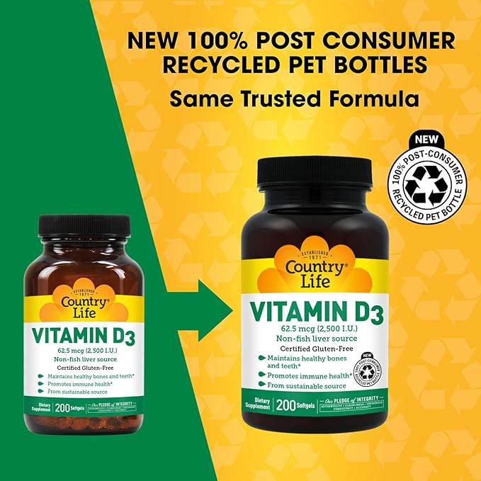 Country Life Vitamin D3 2500 IU – Non-Fish Derived, High Potency Vitamin D3 for Bone Strength, Immune Support & Calcium Absorption – Certified Gluten-Free, 200 Softgels