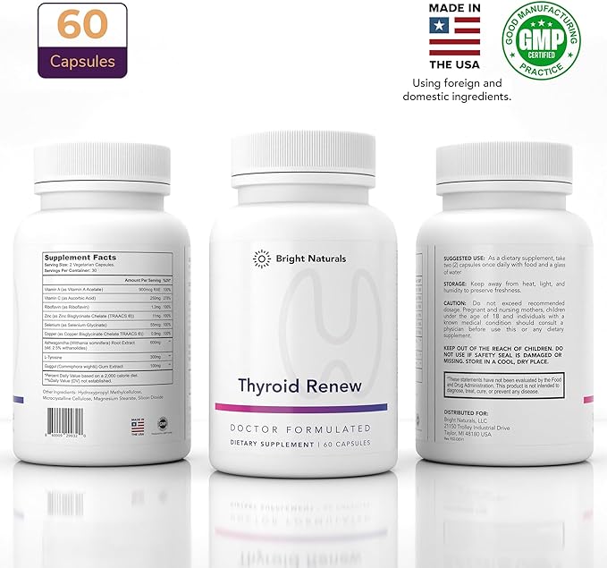 Thyroid Renew Supplement - Thyroid Support for Women with Zinc, Selenium, Copper, Ashwagandha & L-Tyrosine - 180 Capsules