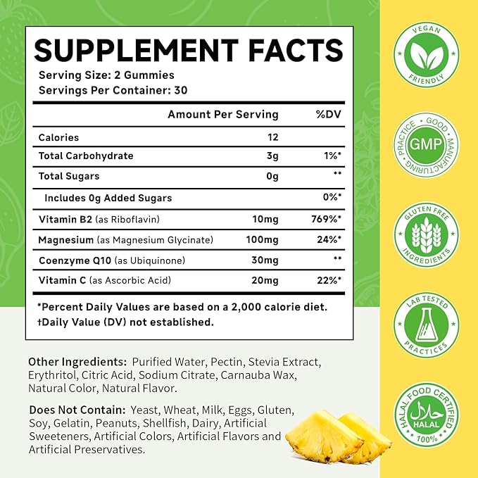 Vitamin B2 Gummies, Riboflavin Supplement for Kids & Adults, with Magnesium Glycinate, CoQ10 and Vitamina C, for Women and Men, Energy, Immune Wellness & Cellular Health Support, 60 Count