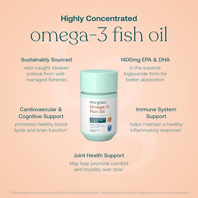 True Grace Omega-3 Fish Oil - 60 Softgels - 1400 mg EPA + DHA - Brain, Heart, Joint & Immune Health - Organic, Gluten Free, Soy Free