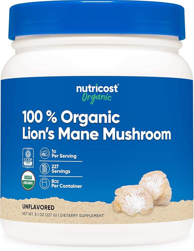 Nutricost Organic Lion's Mane Mushroom Powder (8 oz) - 227 Servings, Certified USDA Organic Supplement