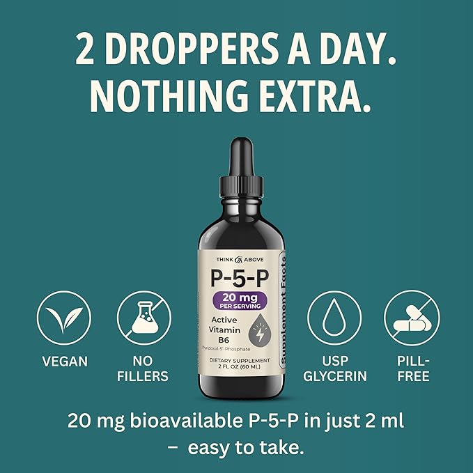 P5P Liquid Drops – Activated Vitamin B6 (Pyridoxal-5-Phosphate) – Fast Absorption Formula – Nervous System & Energy Support – 2 oz (60 mL) – Think Above