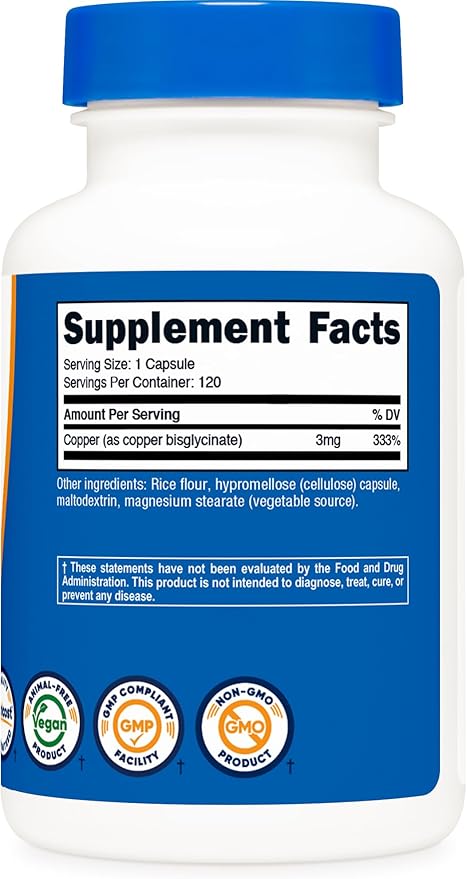 Nutricost Copper Glycinate Capsules (120 Capsules, 3MG Copper per Serving) - Non GMO, Vegan