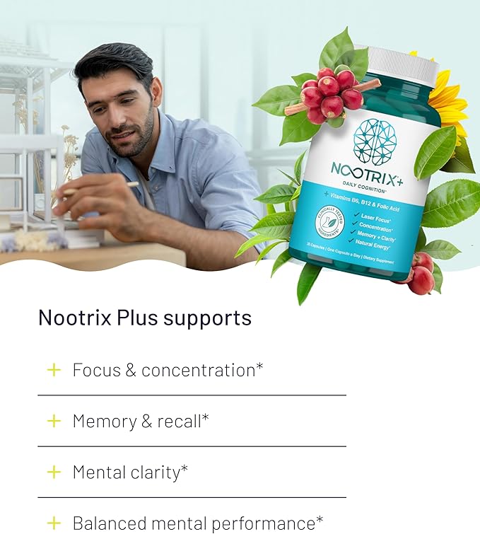 Nootrix Brain Plus Nootropic Supplement | Supports Memory, Mental Focus, Cognitive Health & Energy | Promotes Healthy Mood & Brain Function | Vitamin B1, Vitamin B6 & Vitamin B12 | 30 Capsules