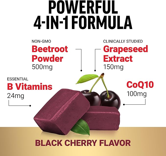 Force Factor Total Beets Ultimate Heart Health Chews for Blood Pressure Support, with Beetroot Powder, CoQ10, B Vitamins & Grapeseed Extract for Blood Flow & Energy, Black Cherry, 60 Soft Chews