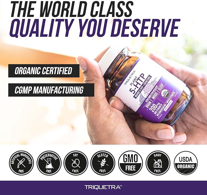 Organic 5-HTP - 200 mg | 99% 5HTP Concentration, Plus Cofactor Vitamin B6 & Lion’s Mane | Water Extracted from Organic Griffonia Seeds | Supports Mood, Cognition & Sleep (60 Capsules | 30 Servings)