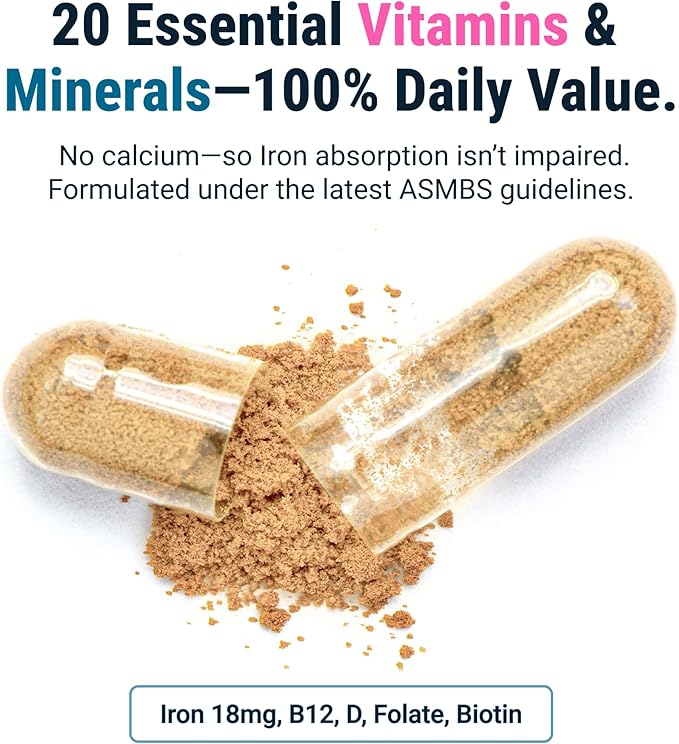 BariatricPal Multivitamin ONE 1 per Day! Bariatric Multivitamin Capsule with 18 mg of Iron | Easy to Swallow Capsule | Vitamin for Bariatric Surgery Patients | 90 Count (3 Month Supply)