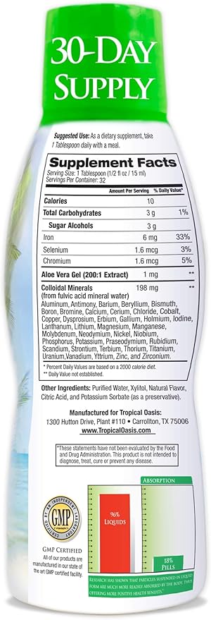 Tropical Oasis - Premium Ionized Plant Based Trace Minerals Liquid Formula- 74 essential minerals in liquid form for up to 96% Absorption - 16 oz, 32 servings