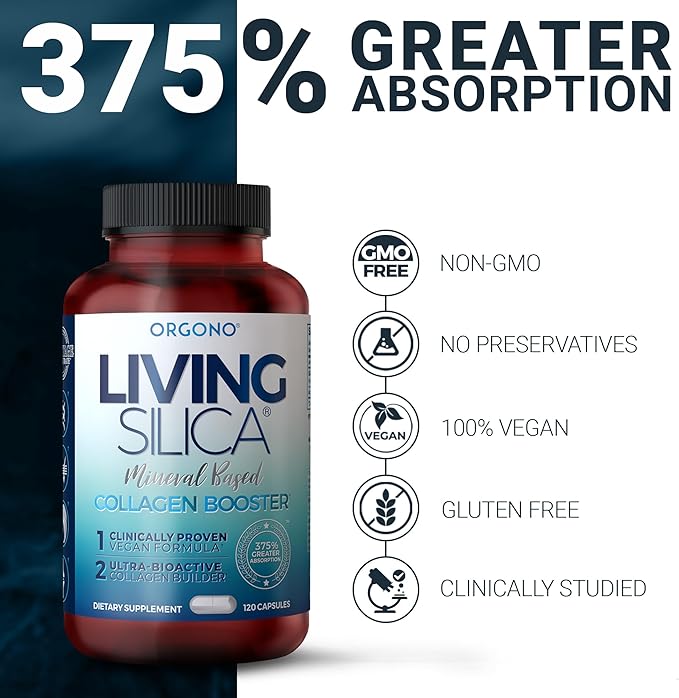 Living Silica ORGONO Mineral-Based Collagen Booster Capsules | Silica-Based | Supports Collagen & Elastin for Joint & Bone Support, Glowing Skin, Strong Hair & Nails | 60 Capsules