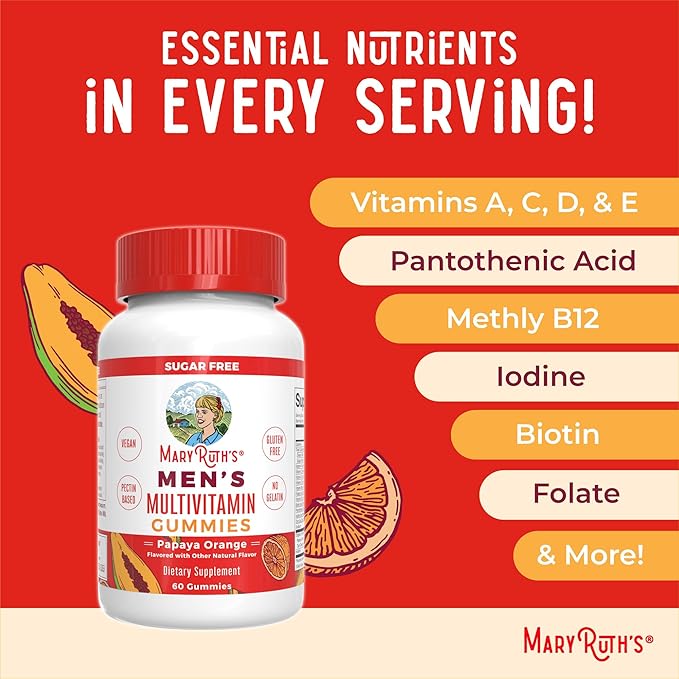 MaryRuth's Multivitamin Gummies for Men | Vitamin A, C, D, E, B6, B12, Biotin, Zinc | Energy Metabolism | Immunity | Bone Health | Cellular Health | Vegan | Non-GMO | Gluten & Sugar Free | 60 Count