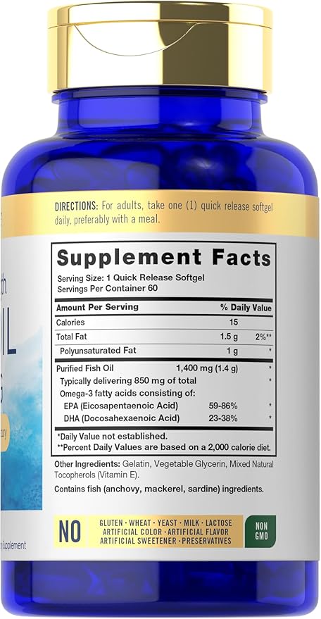 Carlyle Omega 3 Fish Oil 1400 mg | Triple Strength | 60 Softgels | High Potency with EPA & DHA | Non-GMO, Gluten Free Supplement