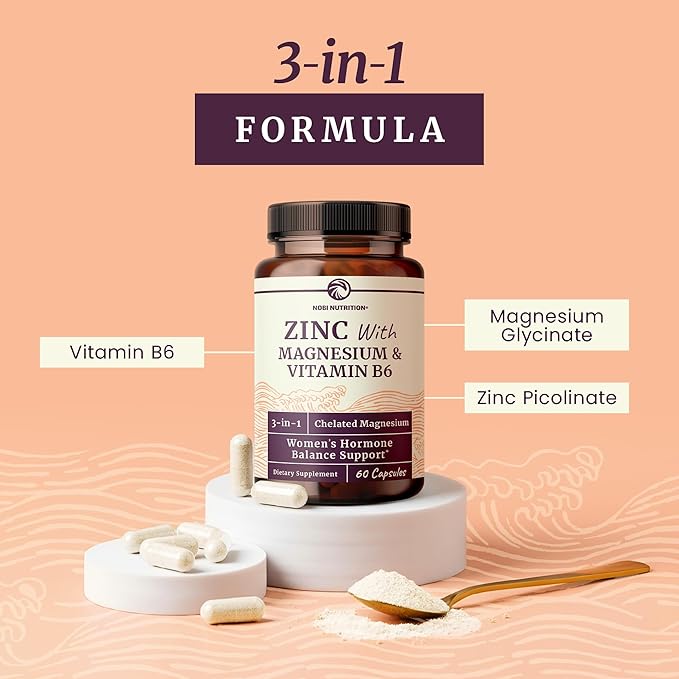 Zinc and Magnesium Supplement with Vitamin B6 | Women’s Hormone Balance, Menstrual Cycle & Immune Support | High Absorption Chelated Magnesium Glycinate with Zinc Picolinate and VIT B6 | 60 Ct