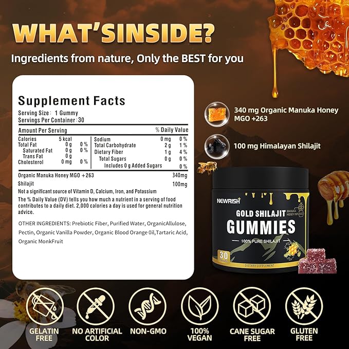 Shilajit Gummies l Manuka Honey | Himalayan shilajit |No Added Sugar I Ashwagandha, Gokshura| Fulvic Acid & 85+ Trace Minerals I for Men, Women I Non-GMO I 100% Natural & Organic I 30 Gummy