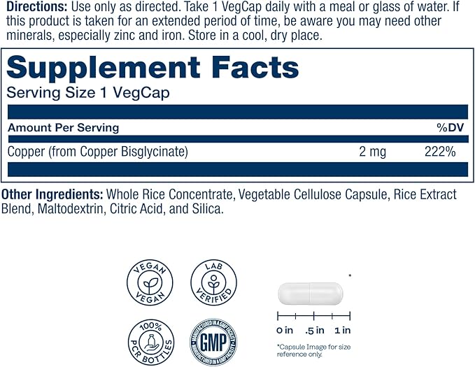 SOLARAY Copper Supplements - with Copper Bisglycinate 2mg - Trace Minerals Supplement - Essential Trace Mineral Balance and Wellness Support - Vegan, Lab Verified, 60-Day Guarantee - 100 Servings