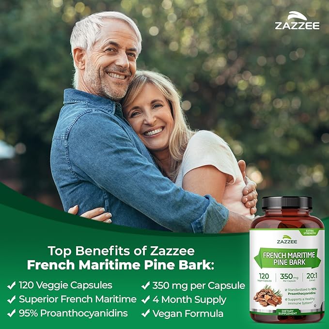 Zazzee Extra Strength French Maritime Pine Bark Extract 20:1, 350 mg Per Capsule, 95% Proanthocyanidins, 120 Vegan Capsules, 4 Month Supply, Certified Kosher, Antioxidant Support, Non-GMO, Made in USA