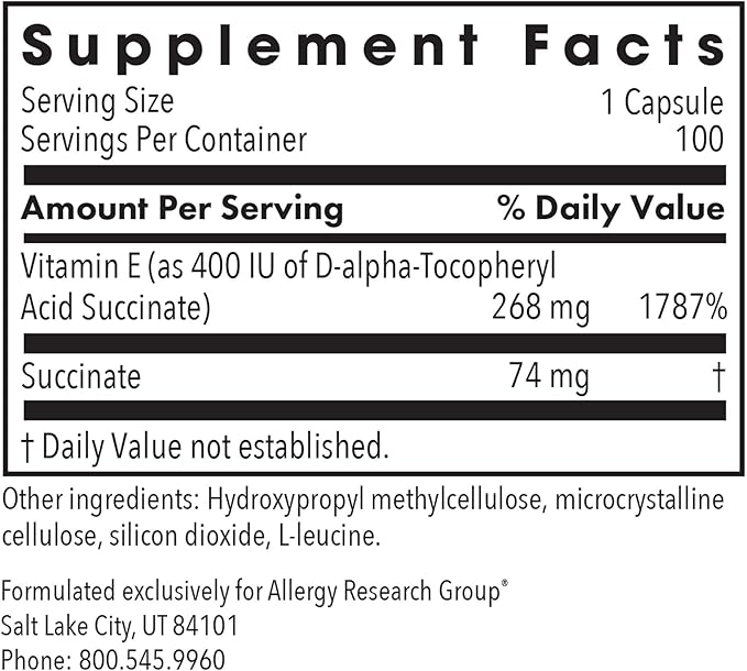 ARG Vitamin E Succinate - 400 IU d-Alpha-Tocopheryl Succinate - Antioxidant & Energy Support - Dry Powder Vegetarian Capsules - Hypoallergenic Formula - 100 Servings - 100 Capsules