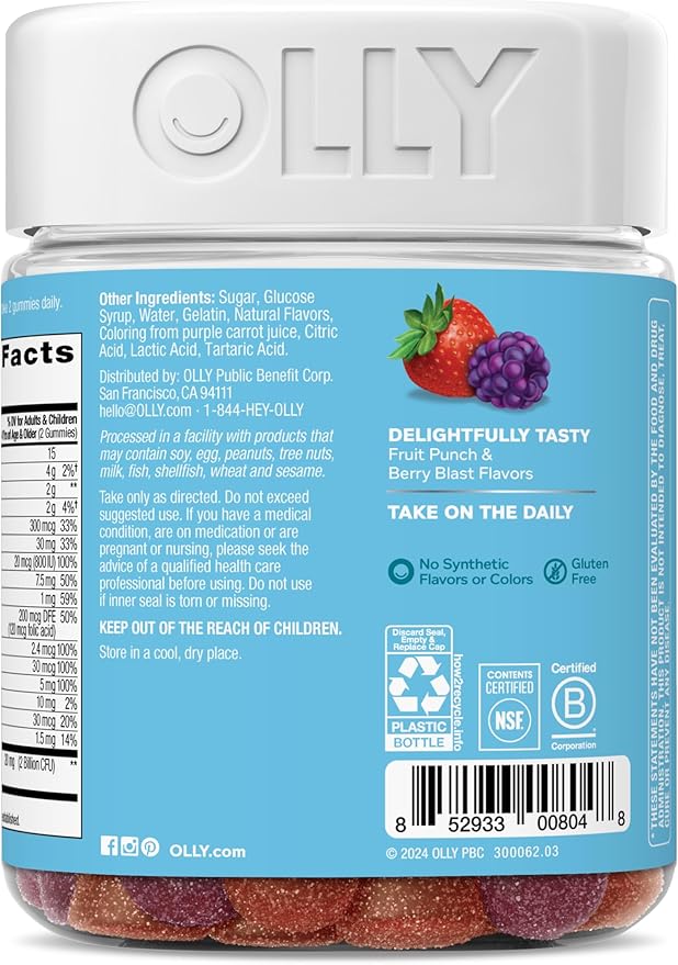 OLLY Kids Multivitamin & Probiotic Gummy, Digestive Support, Vitamins A, D, C, E, B, Zinc, Chewable Supplement, Berry Flavor, 50 day supply - 100 Count
