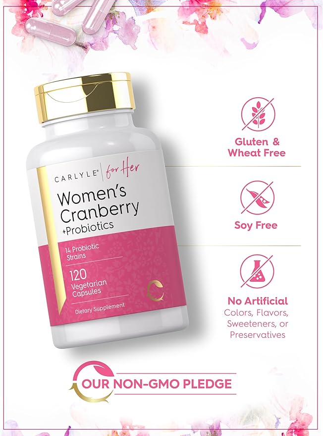 Carlyle Women's Cranberry Plus Probiotics | 120 Capsules | with 14 Probiotic Strains | Vegetarian, Non-GMO, Gluten Free Supplement | for Her