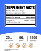 BulkSupplements.com Vitamin B12 Powder - as Cyanocobalamin, Vitamin B Supplement, Vitamin B12 200 mcg - Essential Vitamin, Gluten Free, 20mg per Serving, 50g (1.8 oz) (Pack of 1)