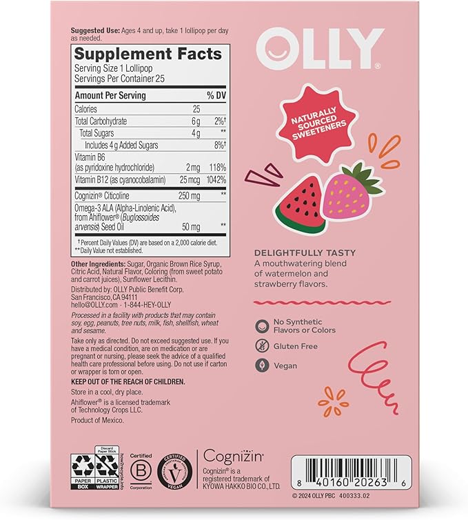 OLLY Focus Buddies L’OLLY Pops, Cognizin, Vitamins B6 & B12, Omega-3 ALA, Supports Focused Attention & Healthy Brain Function,* Kids 4+ Dietary Supplement, Watermelon Strawberry,25 Count (Pack of 2)