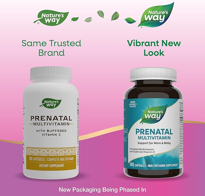 Nature's Way Prenatal Multivitamin, with Folate for Healthy Brain and Spinal Development*, Buffered Vitamin C, B-Vitamins, 180 Capsules (Packaging May Vary)