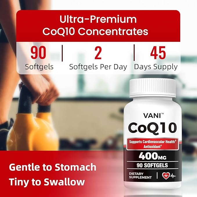 VANI CoQ10 400mg, 90 Softgels, Optimally Absorbed Ubiquinone CoQ10 Dietary Supplement Support for Heart Health & Brain Function, Gluten-Free