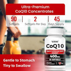 VANI CoQ10 400mg, 90 Softgels, Optimally Absorbed Ubiquinone CoQ10 Dietary Supplement Support for Heart Health & Brain Function, Gluten-Free