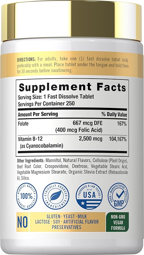 Carlyle Vitamin B12 Sublingual 2500 mcg | 250 Fast Dissolve Tablets | Cyanocobalamin Supplement with Folic Acid for Adults | Natural Berry Flavor | Vegetarian, Non-GMO, and Gluten Free