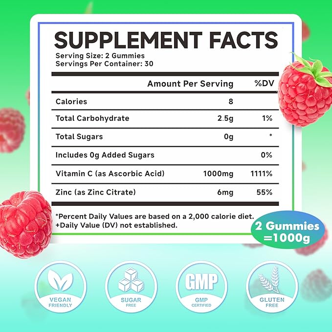 MEENCCD 2 Pack Vitamin C Gummies for Adults, Chewable Vitamin C Gummies with Zinc for Antioxidant Support, Vegan, Non-GMO, Sugar-Free, Raspberry Flavor, 120 Count
